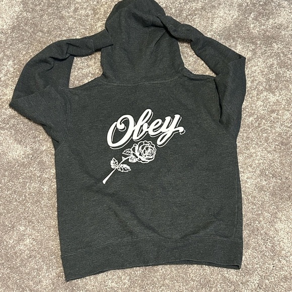 Obey Women's Dark Gray Hoodie with White Rose Design - Picture 1 of 3